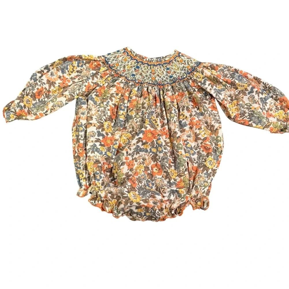 Lulu Bebe Size 3m Smocked Fall Floral Bubble Long Sleeve